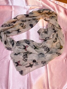 Codello Cream Scarf with Butterfly, Cross, and Cherub Print Y2K Grunge Goth